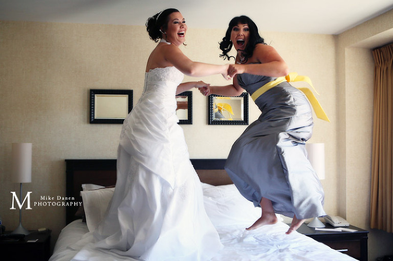 Bride jumping on Bed